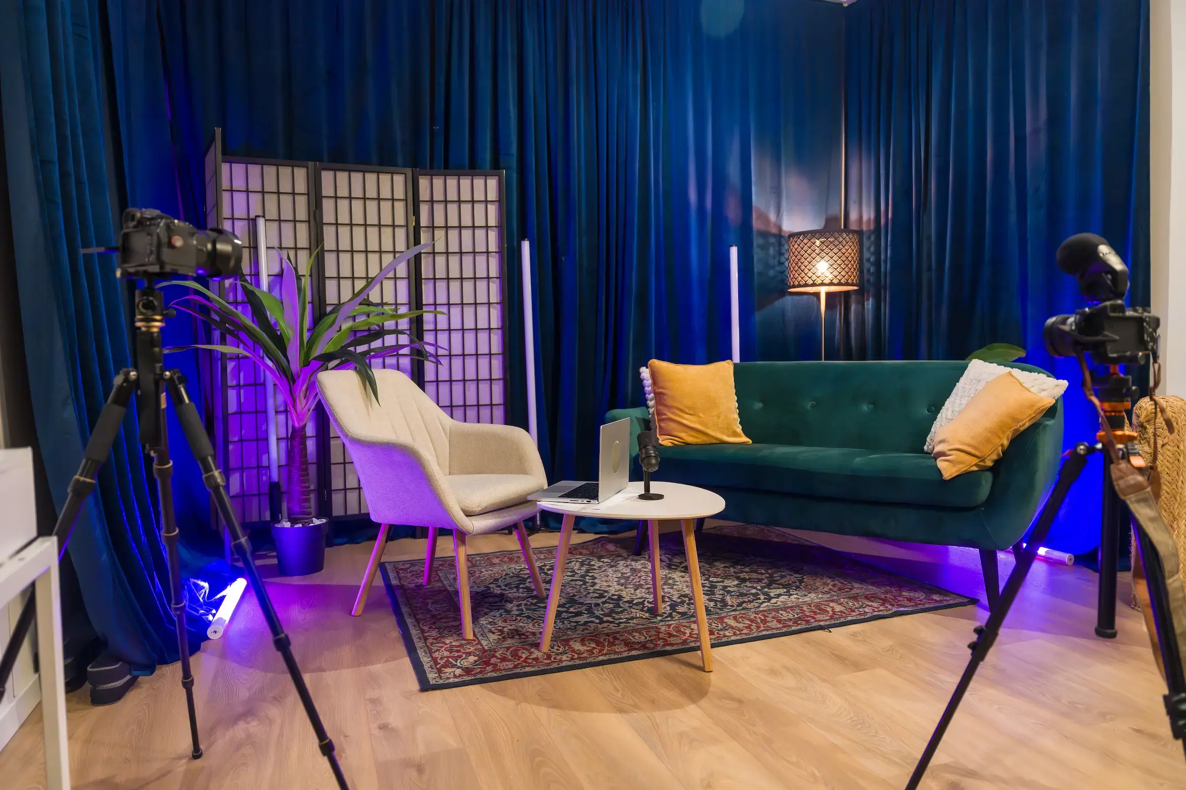 Empty podcast studio set with video cameras